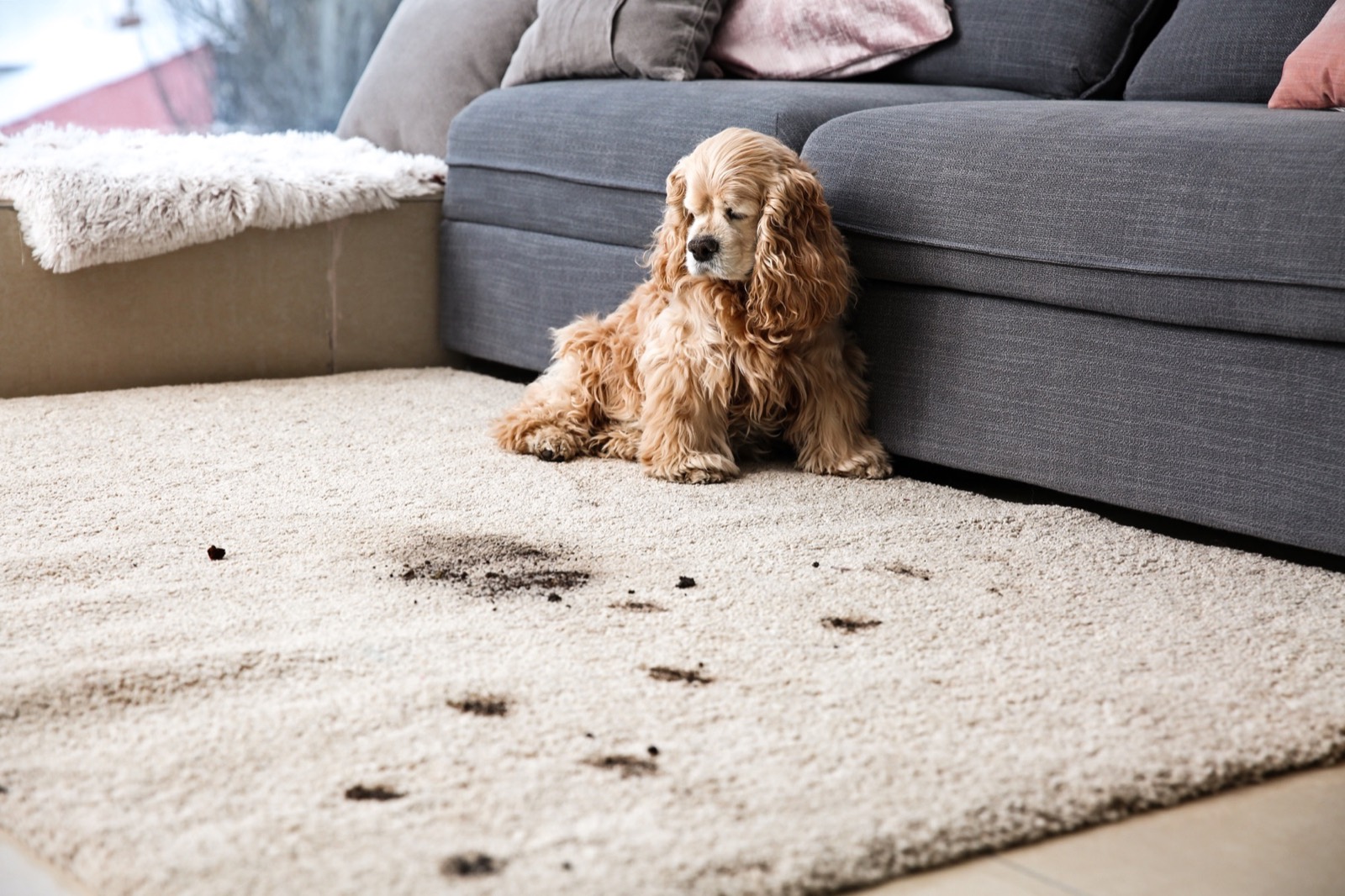 Pet beside a marked carpet before specialist treatment